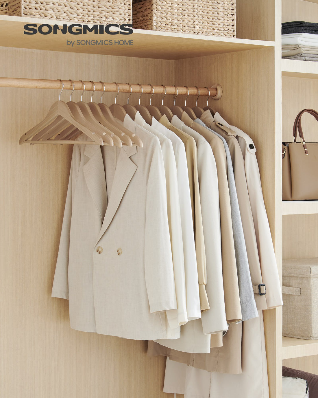 Houten kledinghangers beige naturel 48-delige set met inkepingen | Beige naturel