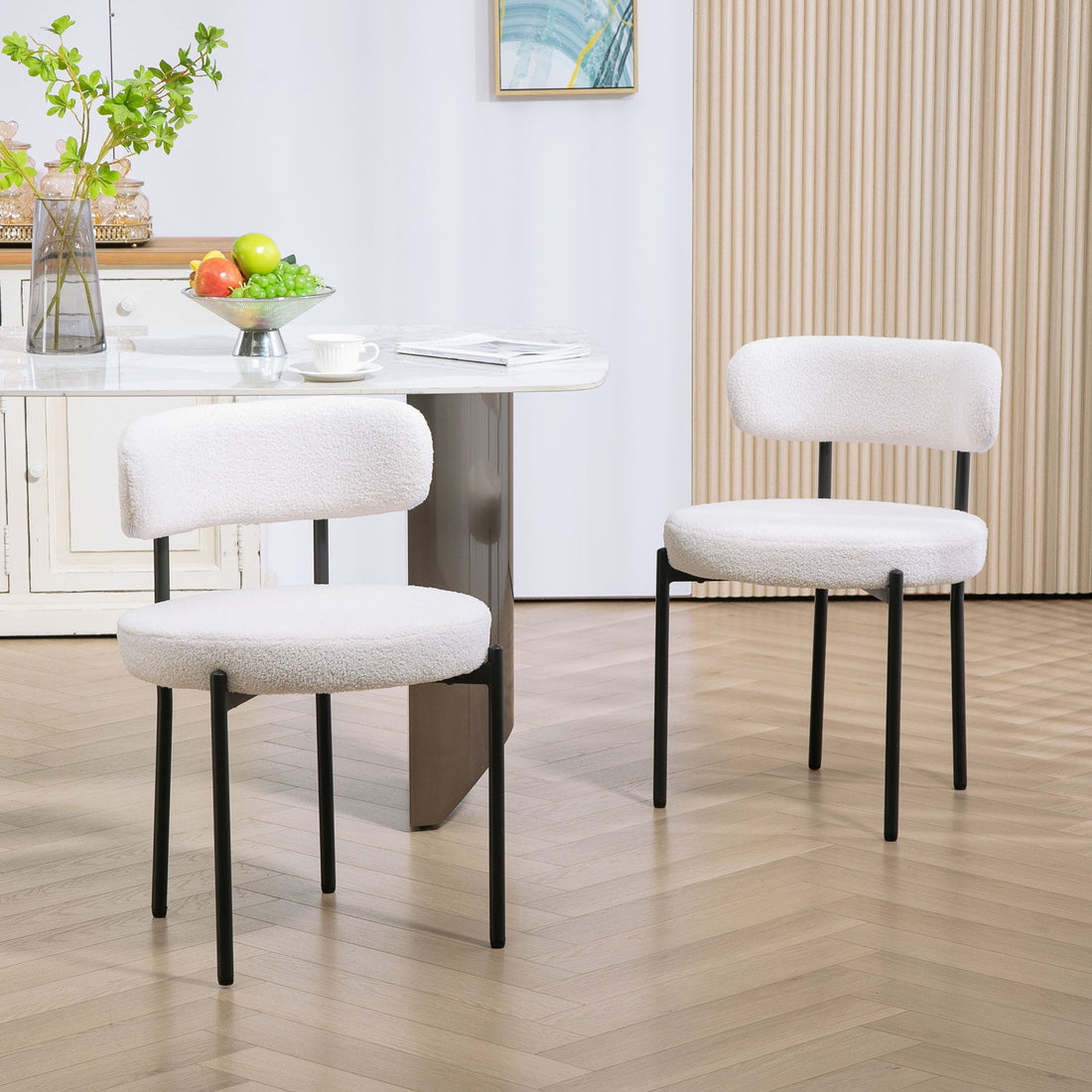 Set van 2 eetkamerstoelen met fleece bekleding | Kleur: Wit | Afmetingen: 51x51x76 cm