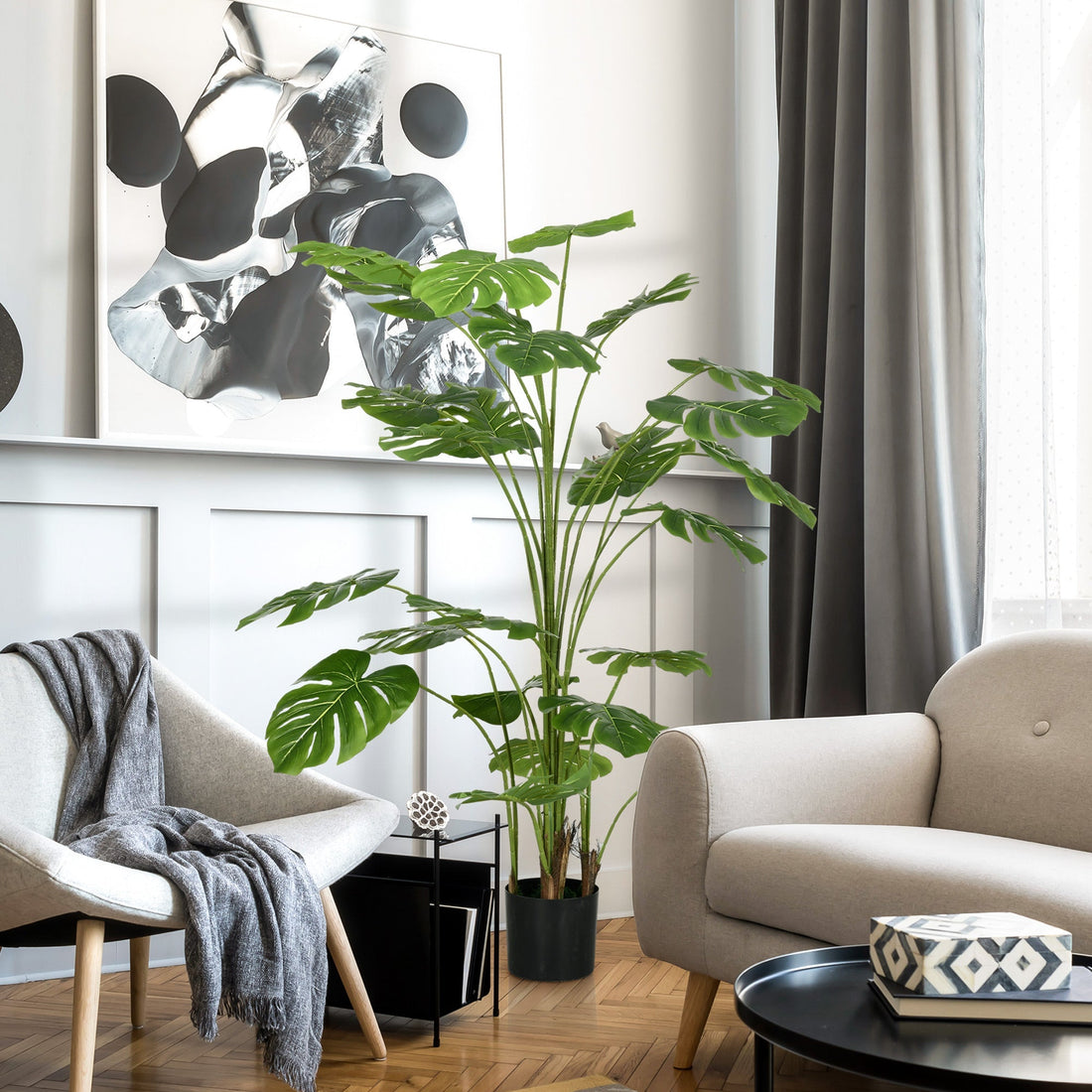 180 cm Kunstpflanze Monstera Deliciosa mit Blumentopf | Farbe: Grün + Schwarz