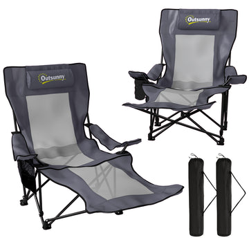 Set van 2 campingstoelen met voetsteun | Kleur: Donkergrijs | Afmetingen: 80x125x92-100 cm