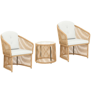 Rattan bistroset met glazen tafel en kussens | Kleur: Creme | Afmetingen: 65x62x76 cm