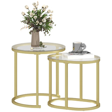 Set van 2 salontafels rond en ovaal | Kleur: Goud, transparant | Afmetingen: 50x50x50,5 en 60x36x43,5 cm
