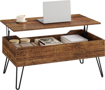 Salontafel met verborgen opbergruimte en hefblad | Rustiek bruin | 95x50x40 cm