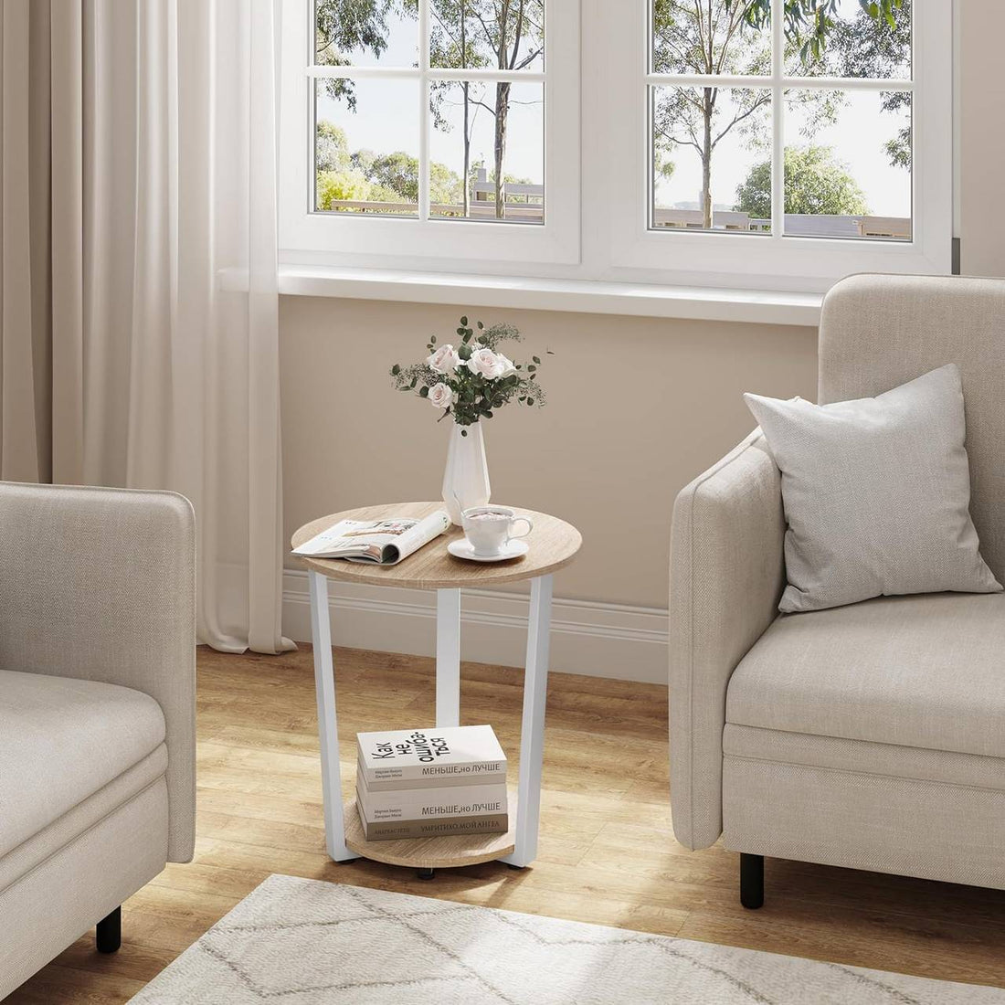 Runt sidobord med 2 hyllplan | Ljus ek | 50x50x53 cm