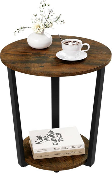 Ronde bijzettafel met 2 legplanken | Rustiek bruin | 50x50x53 cm