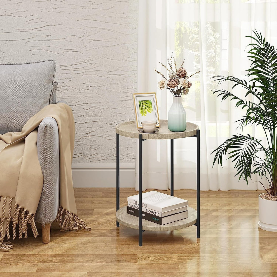 Runder Couchtisch mit 2 Ablagen und abnehmbarer Tischplatte | Helle Eiche | 43,2x43,2x49,5 cm