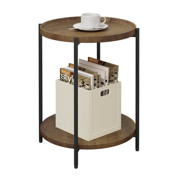 Ronde salontafel met 2 niveaus en afneembaar blad | Vintage houtnerf zwart | 43,2x43,2x49,5 cm