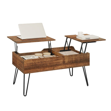 Lift-top salontafel met verborgen opbergruimte en dubbele liftplaat | Rustiek bruin | 90x50x45 cm