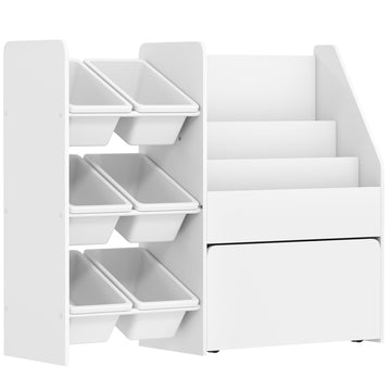 Speelgoedkast voor kinderen met 6 bakken en opbergbox | Kleur: Wit | Afmetingen: 100x30x80 cm