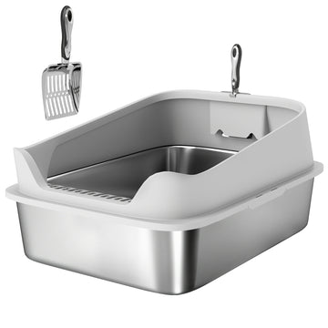 RVS kattenbak met hoge rand en schep | Kleur: Grijs | Afmetingen: 50,3x69,8x29,8 cm
