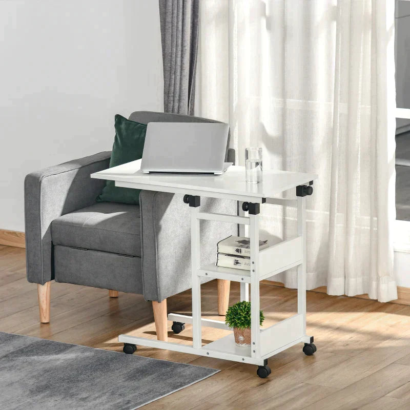 Mobilt sidobord med 3 nivåer - C-format | Färg: Vit | Mått: 40x80x72-82 cm