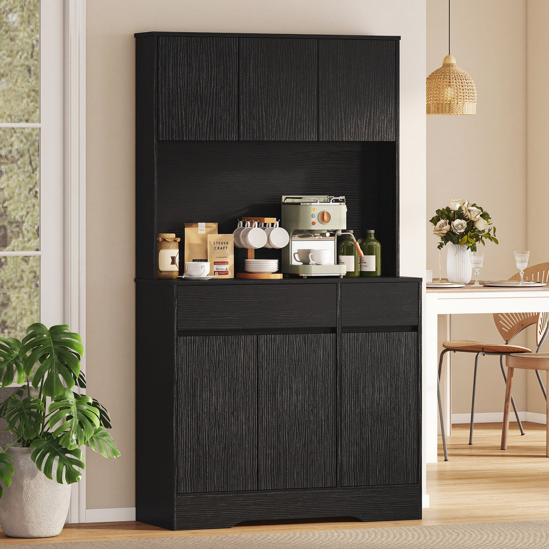 Keukenbuffet met werkblad en 6 deuren | Kleur: Zwart | Afmetingen: 100x38x180 cm