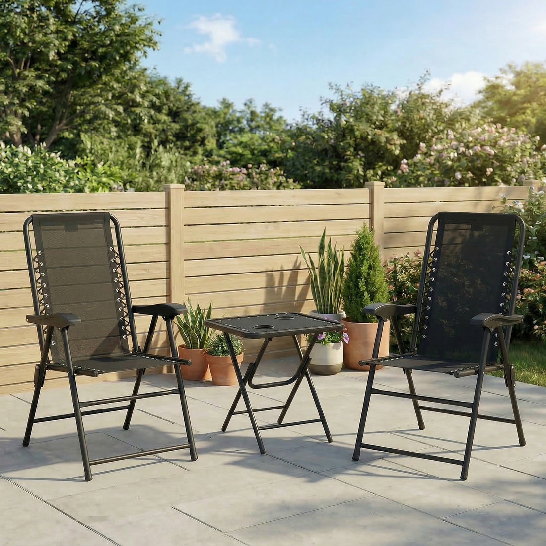 3-delige bistroset - Klapbare tuinset met 2 stoelen | Kleur: Zwart | Afmetingen: 61x65x91 cm