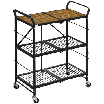 Keukentrolley met 3 planken en wielen | Kleur: Zwart+Bruin | Afmetingen: 35x68x85 cm