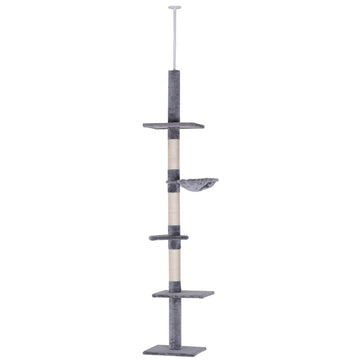Kattenboom 5 niveaus met krabpaal | Kleur: Grijs/wit | Afmetingen: 40x34x230-260 cm