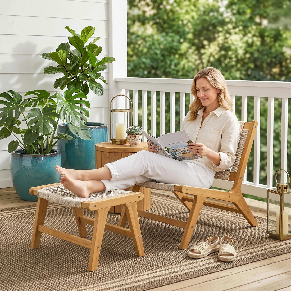 Gartensessel met Hocker van acaciahout | Kleur: Beige | Afmetingen: 83x60x73,5 cm