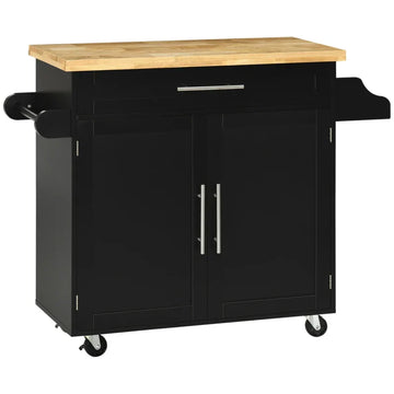 Keukentrolley op wielen met lade en kast | Kleur: Zwart | Afmetingen: 109x40x89 cm