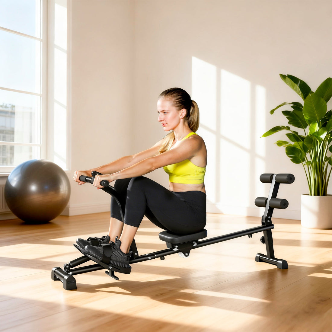 2-in-1 roeimachine voor sit-ups, 12 niveaus | Kleur: Zwart | Afmetingen: 61x155x63 cm