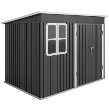 Metalen tuinschuur met raam en brede deur | Kleur: Grijs, wit | Afmetingen: 260x177x190 cm