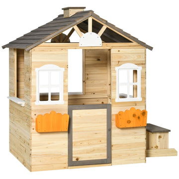 Houten speelhuisje voor kinderen | Kleur: Bruin, grijs, wit, oranje | Afmetingen: 113x94x134,5 cm
