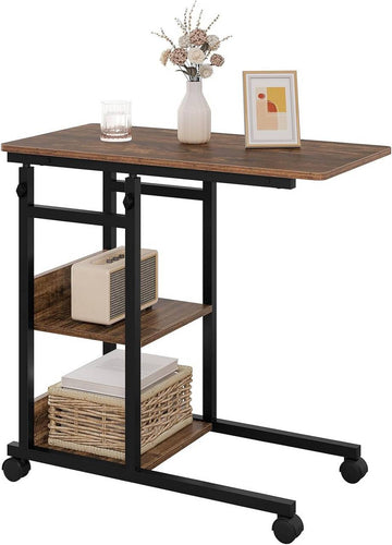 In hoogte verstelbare bijzettafel op wielen | Vintage-houtlook en zwart | 80x40x76-96 cm