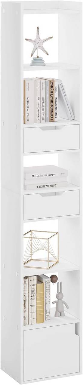 Boekenkast met 6 vakken 2 laden en 1 deur | Wit / lichte eik | 33x24x181 cm