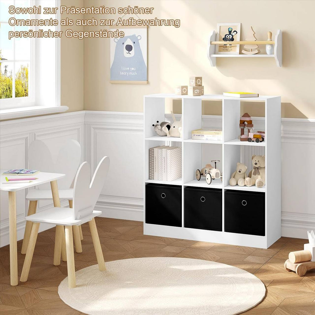 Bücherregal Kubusregal 9 Fächer 3 Stoffschubladen | Weiß | 80x30x86,5 cm