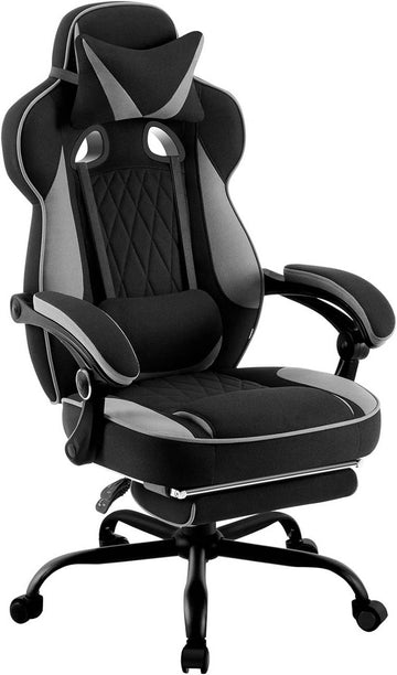 Ergonomische gamingstoel met voetsteun en verenkussen | Zwart + Grijs