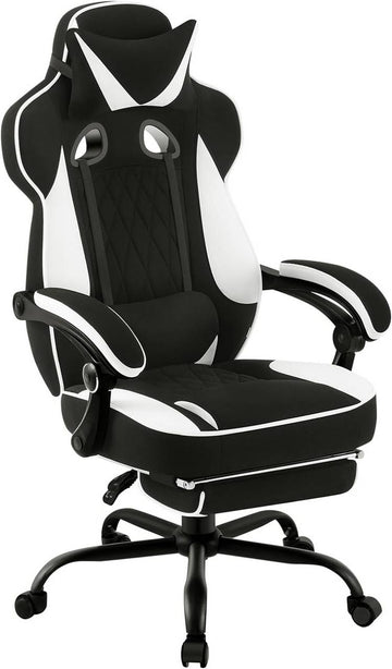 Ergonomische gamingstoel met voetsteun en verenkussen | Zwart+Wit