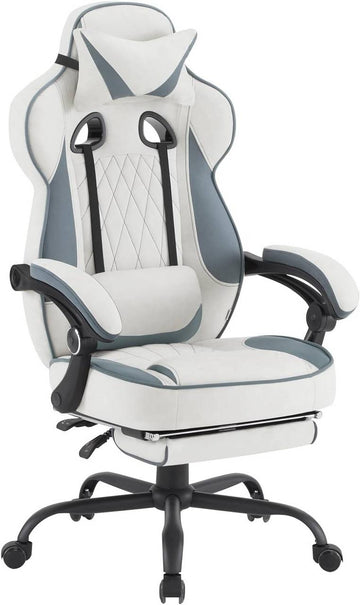 Ergonomische gamingstoel met voetsteun en verenzitting | Wit + Blauw | 57x51,5x120-127,5 cm
