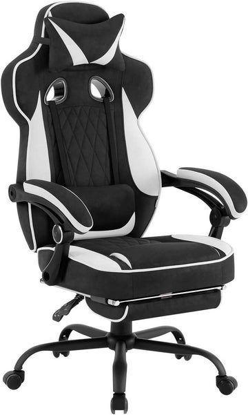 Ergonomische gamingstoel met voetsteun en verenkussen | Zwart + Wit