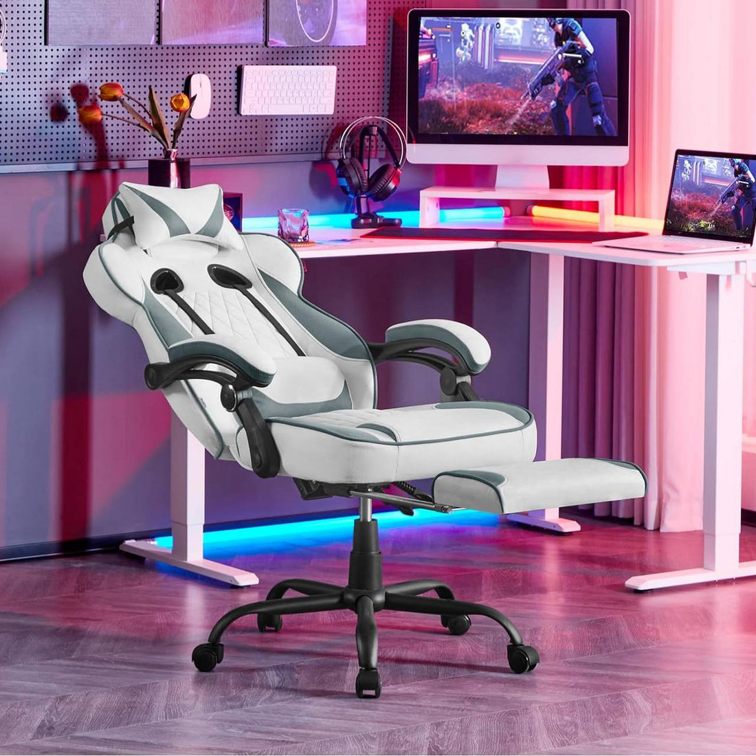 Ergonomischer Gaming-Stuhl mit Fußstütze und Federsitz | Weiß + Blau | 57x51,5x120-127,5 cm