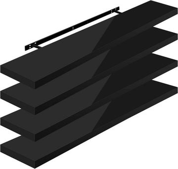 Set van 4 zwevende houten wandplanken | Zwart | 120x22.9x3.8 cm