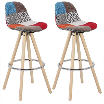 2 barstoelen linnen hout rugleuning voetsteun | Donkergrijs/lichtgrijs/meerkleurig | 38,5x33x96,5 cm