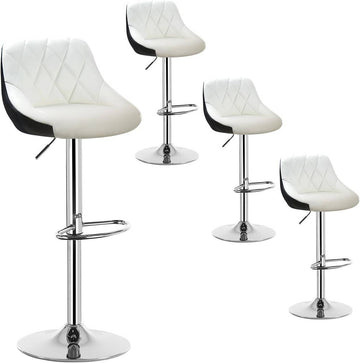 Set van 4 barhockers van kunstleer en verchroomd staal | Wit+Zwart | 32,5x34,5x86-106 cm