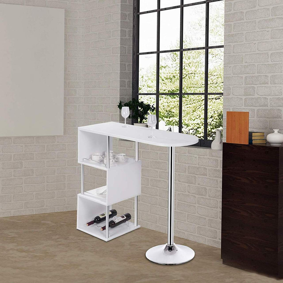 Bartenderbord med 3 förvaringsfack och vinställ i metall och MDF | Vit | 113x40x105 cm