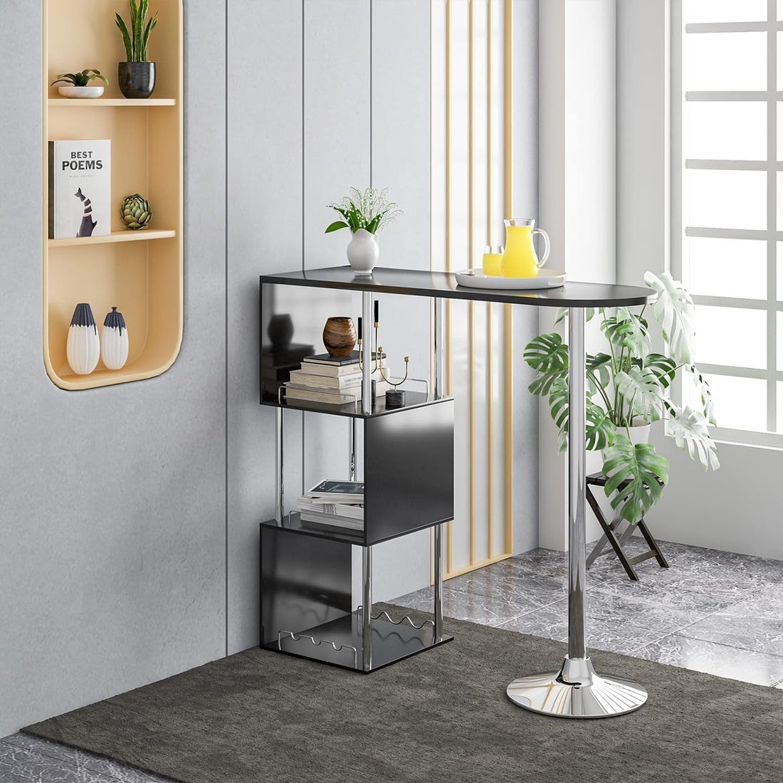 Barbänk med 3 öppna fack och vinställ | Svart | 113x40x105 cm