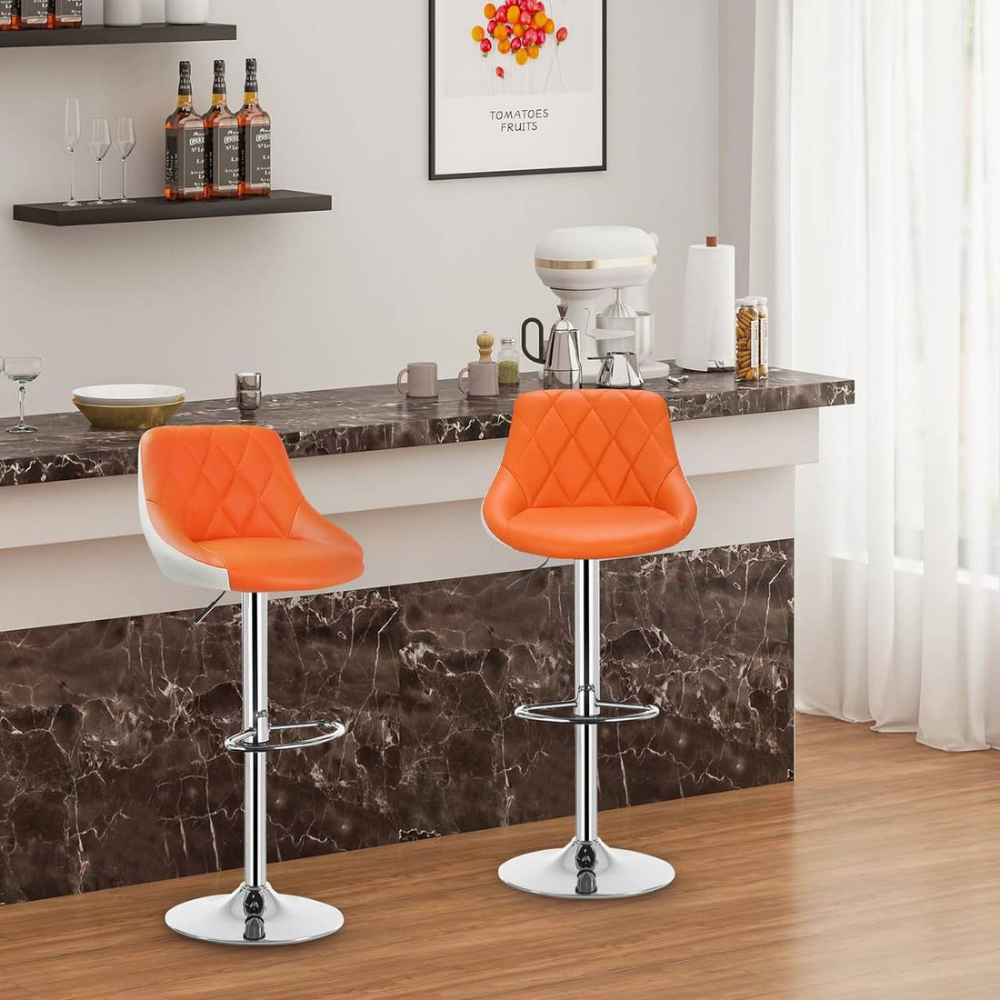 Barstol med ryggstöd och justerbar höjd | Orange och vit | 32,5x34,5x86-106 cm