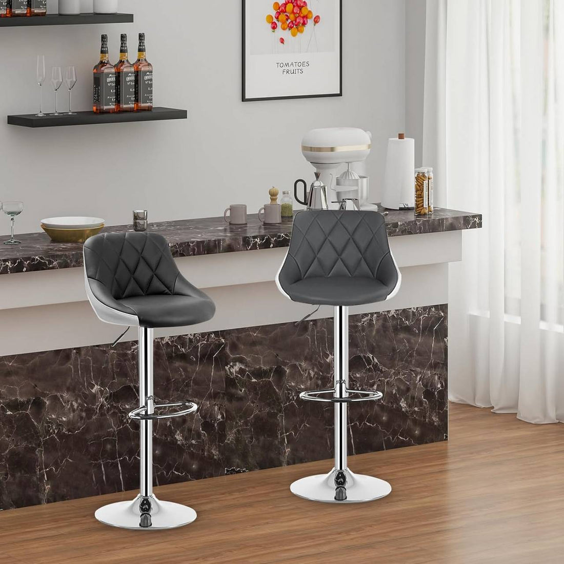 Justerbar barstol i konstläder med ryggstöd | Grå och vit | 32,5x34,5x86-106 cm
