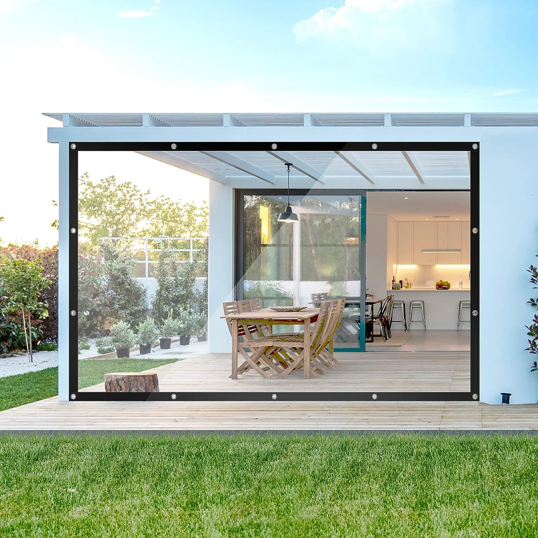 Waterdicht pvc-afdekzeil met ogen en touw 3x3 m | Transparant + zwart | 3x3 m