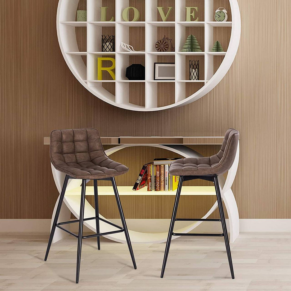 Set med 2 barstolar med ryggstöd och fotstöd konstläder brun | Brun | 43x35,5x64 cm