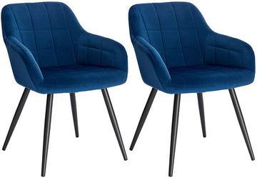 2 eetkamerstoelen met armleuningen, fluweel en metalen poten | Blauw | 49x43x81 cm