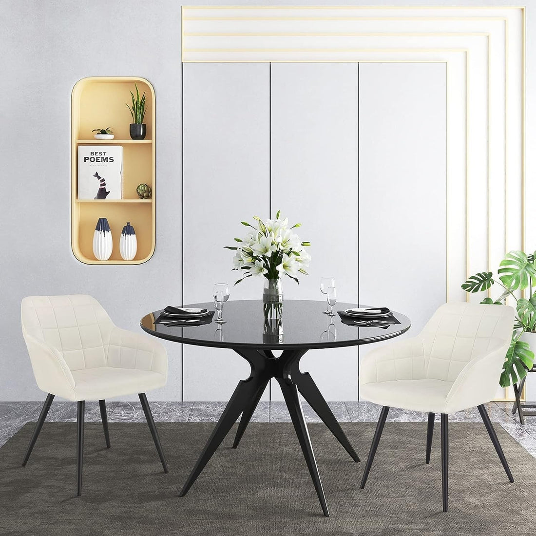 Set van 2 eetkamerstoelen met armleuningen en fluwelen zitting | Crèmewit | 49x43x81 cm