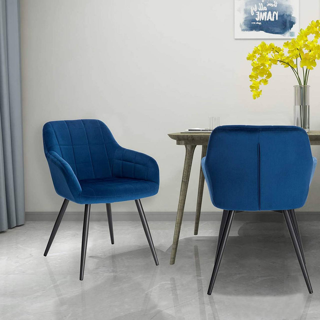 2 eetkamerstoelen met armleuningen, fluweel en metalen poten | Blauw | 49x43x81 cm