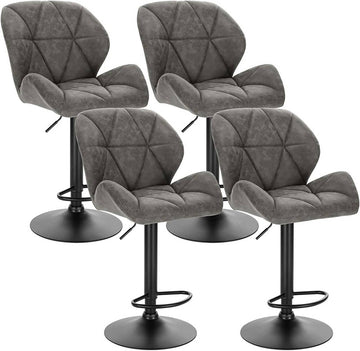Set van 4 barkrukken met rugleuning van kunstleer | Grijs | 50x40x94-116 cm