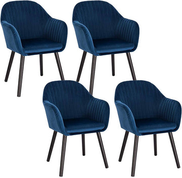 Set van 4 fluwelen eetkamerstoelen met armleuningen en zwarte poten | Blauw