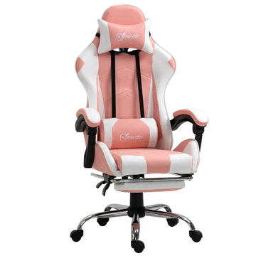 Gamingstoel met Voetensteun | Kleur: Roze+Wit | Afmetingen: 64x67x119-127 cm