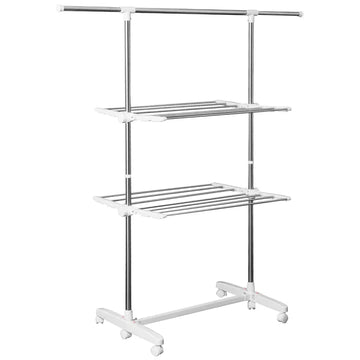 Verstelbaar droogrek op wielen | Kleur: Wit+Zilver | Afmetingen: 83-136.5x55x154 cm