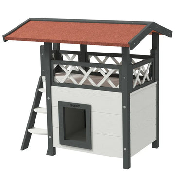 Kattenhuis met balkon - Houten kattenhok | Kleur: Wit, grijs, rood | Afmetingen: 50x77x73 cm