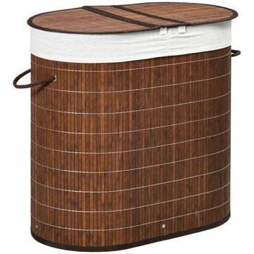 Wasmand bamboe met deksel en 2 vakken | Kleur: Bruin | Afmetingen: 37x62.5x60.5 cm
